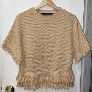 Zara Sand Beige Tweed Top with Fringe